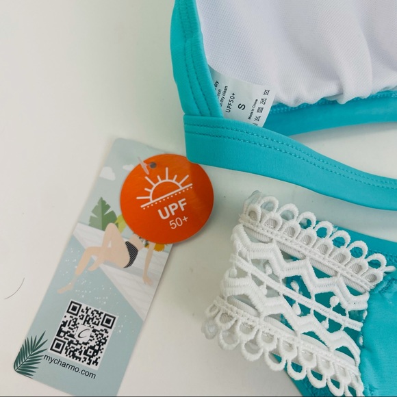 Beautyin Crochet Lace Bikini Two Piece Aqua Turquoise UPF 50 Women’s Size Small - Picture 5 of 7